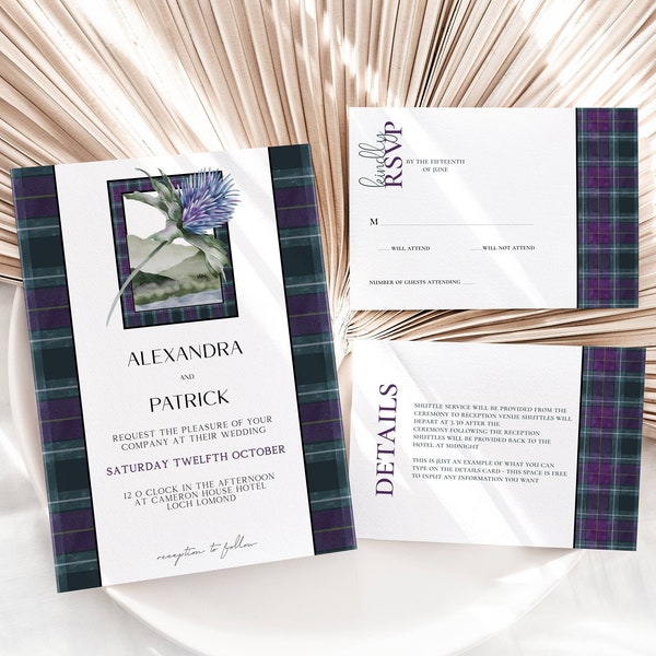 Scottish Wedding Invitation Set Template Purple Tartan Wedding Invitation Bundle Templates Digital Download Thistle Invite for Wedding Set