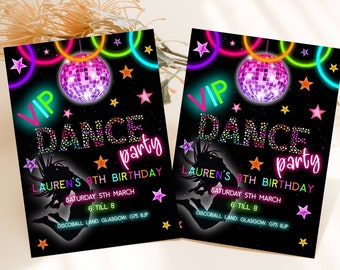 Glow Dance verjaardagsuitnodiging. Neon Rainbow uitnodiging voor feest. Disco dansende partij sjabloon. Bewerkbare INSTANT DIGITALE DOWNLOAD