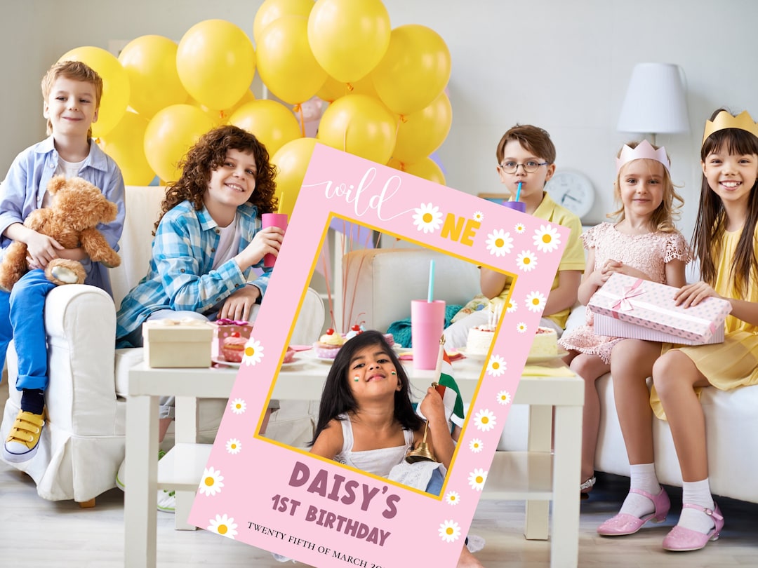 1st Birthday Photo Booth Frame Template for Party. Daisy Selfie Frame