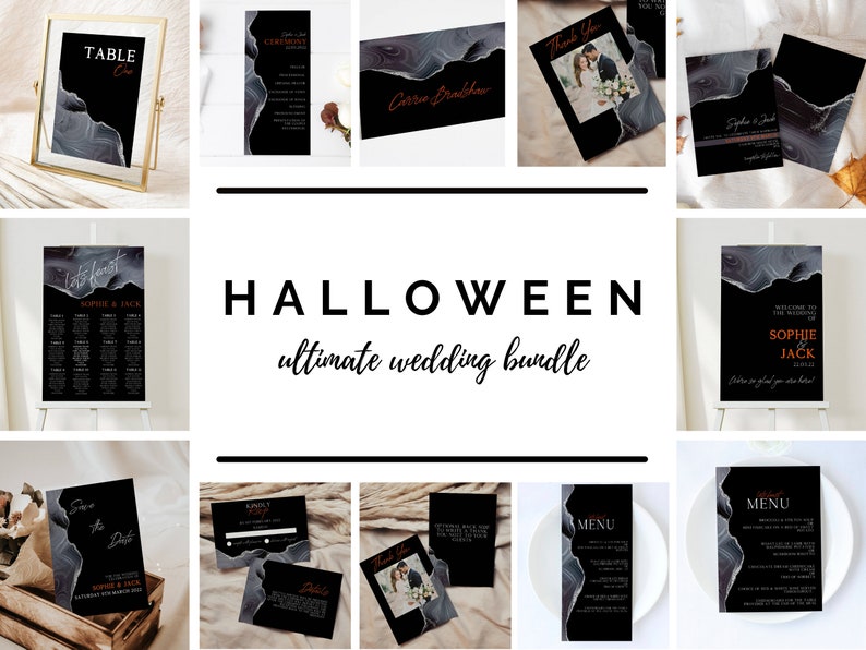 Black Halloween Wedding Invitation Suite, Moody Wedding Invitation Set,DIY Modern Wedding Invitation Template. Digital Download image 1