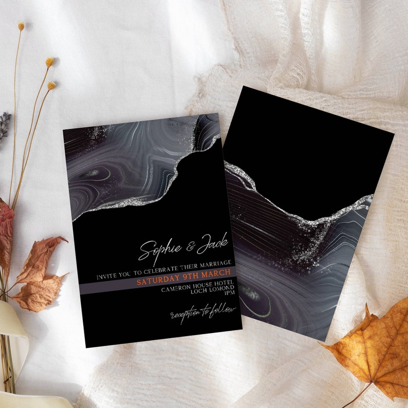 Black Halloween Wedding Invitation Suite, Moody Wedding Invitation Set,DIY Modern Wedding Invitation Template. Digital Download image 2