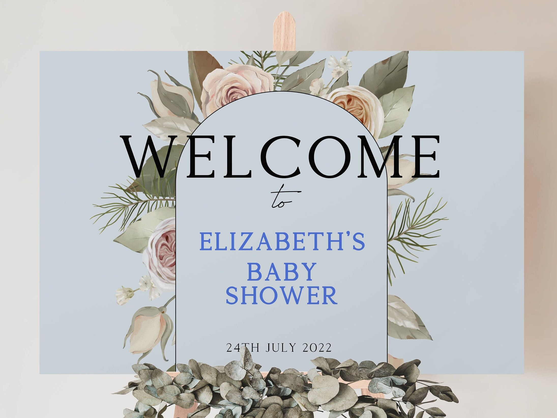 Editable Blue Baby Shower Welcome Sign Greenery Welcome Sign - Etsy