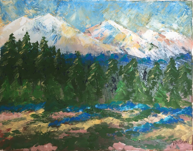 11x14 Unframed Original Oil Palette Knife Painting majestic Mountains