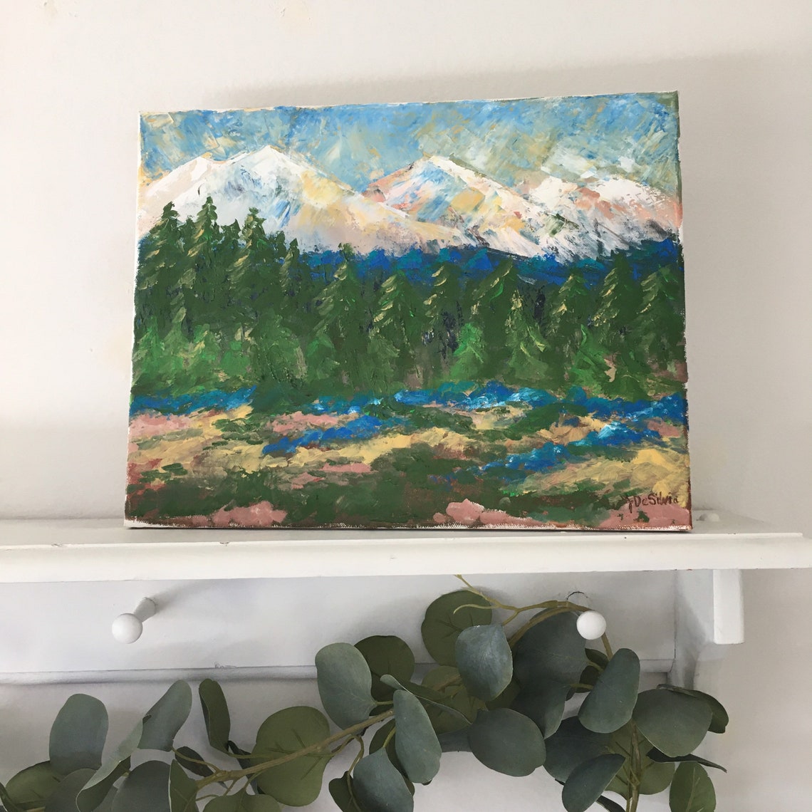 11x14 Unframed Original Oil Palette Knife Painting majestic Mountains