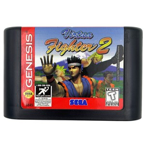 May include: A Sega Genesis game cartridge for Virtua Fighter 2. The cartridge is black with a blue and white label. The label features a colourful image of characters from the game, including a man in a blue and white outfit, a woman in a red and white outfit, and a man in a green and white outfit. The label also includes the game title, "Virtua Fighter 2", and the Sega logo.