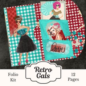 Retro Gals Folio Kit, Printable Pin Up Girl Scrapbook, 50s Rockabilly Junk Journal Craft, Bombshell Trifold Notebook, Digital Ephemera
