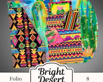May include: A colorful folio kit with a desert theme. The design features vibrant patterns with geometric shapes, cacti, and the text "Bright Desert." The kit includes 8 pages and is set against a dark gray background.
