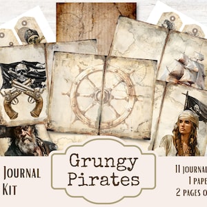Kit de diario basura de piratas sucios, álbum de recortes de aventuras náuticas, paquete de papel digital con mapa pirata, collage pirata vintage, kit de sirena y pirata