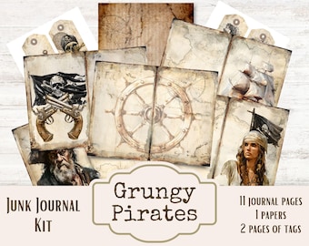Grungy Pirate Junk Journal Kit, Nautical Adventure Scrapbook, Pirate Map Digital Paper Pack, Vintage Pirate Collage, Mermaid and Pirate Kit