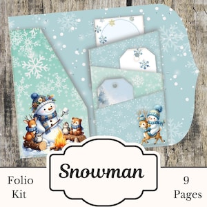 May include: A light blue folio kit with a winter theme. The kit features a snowman, deer, and other winter creatures. The text "Snowman" is displayed on the front, along with "Folio Kit" and "9 Pages". The background is a light blue with snowflakes.