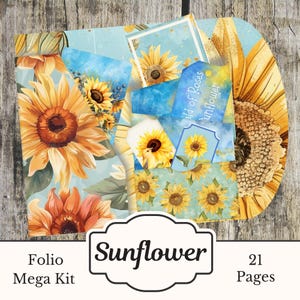 Sunflower Mega Folio Kit, Sunflower Junk Journal Kit, Digital Sunflower Paper, Blue Yellow Printable Junk Journal Folio, Sunflower Ephemera