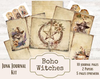Puede incluir: Un kit de diario basura Boho Witches con una estética vintage. El kit incluye 10 páginas de diario, 2 papeles y 5 páginas de efímeras. Las páginas presentan ilustraciones de un gato con sombrero de bruja, un pentagrama y una bruja con sombrero.