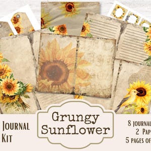Digital Grungy Sunflower Junk Journal kit, Printable Sunflower Ephemera, Grunge Distressed Sunflower Kit, Junk Journal page, Sunflower Folio