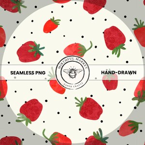 May include: A seamless PNG pattern featuring hand-drawn red strawberries with green leaves scattered on a cream background with black polka dots. The design includes the text "Seamless PNG" and "Hand-drawn". A circular logo with a bee is also present.