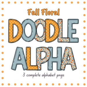 Autumn Alphabet Set, Fall Floral Letters, Thanksgiving Doodle Sublimation Font, Orange Blue Alpha Bundle, Cottagecore Digital PNG