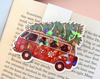 Christmas Magnetic Bookmark, Holographic Xmas Van Bookmark, Groovy Xmas, Bookish gift, Gift for Booklover