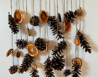 Rustic Pinecone Wall Hanging, Dried Fruit and Pine Cones on a Rustic Wooden Branch