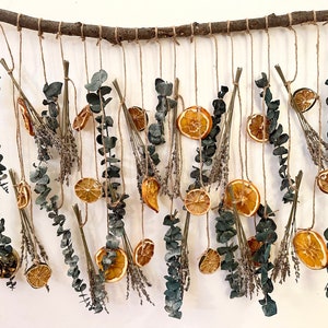 Citrus Eucalyptus Wall Decor, Hanging Dried Flowers and Fruit on a Rustic Wood Branch