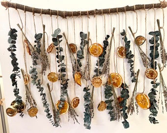 Citrus Eucalyptus Wall Decor, Hanging Dried Flowers and Fruit on a Rustic Wood Branch