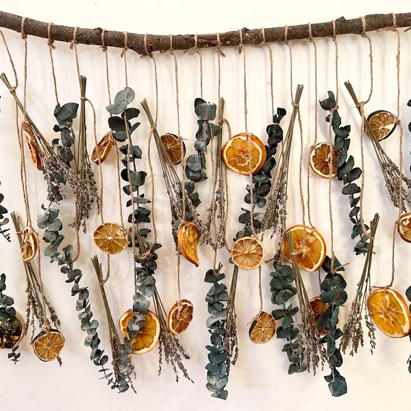 Citrus Eucalyptus Wall Decor, Hanging Dried Flowers and Fruit on a Rustic Wood Branch