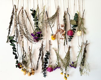 Dry Flower Wall Decor, Hanging Dried Flowers from a Rustic Wooden Branch