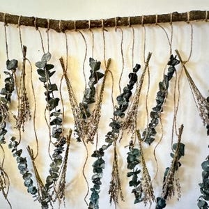 Lavender Eucalyptus Wall Decor, Dried Flowers Hanging from a Rustic Wood Branch