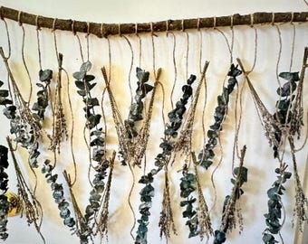 Lavender Eucalyptus Wall Decor, Dried Flowers Hanging from a Rustic Wood Branch