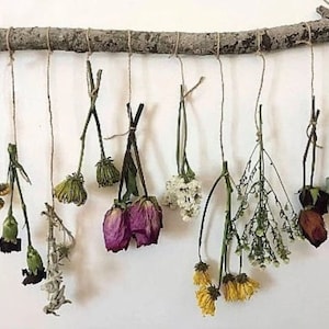 May include: Dried flowers and greenery hanging from a branch, creating a rustic floral display. The flowers include roses, daisies, and eucalyptus.