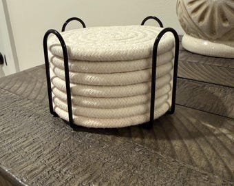 White Cotton Rope Coasters Set of 8 with Metal Rack – Farmhouse Drink Mats
