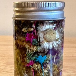 Floral Herbarium Bottle, Dried Flowers in Oil, Glass Jar of Dry Herbs and Flowers