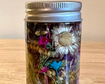 Floral Herbarium Bottle, Dried Flowers in Oil, Glass Jar of Dry Herbs and Flowers