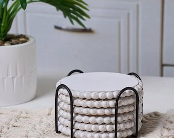 Farmhouse Beaded Wood Coasters Boho Whitewashed Shabby Chic Drink Trays Set of 6