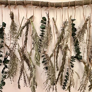 Lavender Herb Wall Hanging, Dried Flowers and Herbs on a Rustic Wood Branch