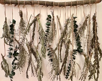 Lavender Herb Wall Hanging, Dried Flowers and Herbs on a Rustic Wood Branch