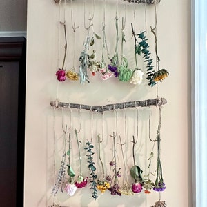 Dry Flower Wall Hanging, Dried Flowers on Burlap String on a Rustic Wood Branch