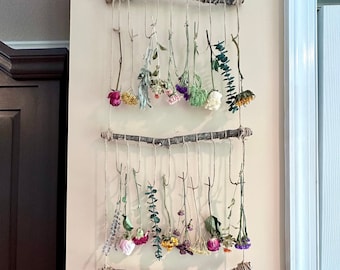 Dry Flower Wall Hanging, Dried Flowers on Burlap String on a Rustic Wood Branch