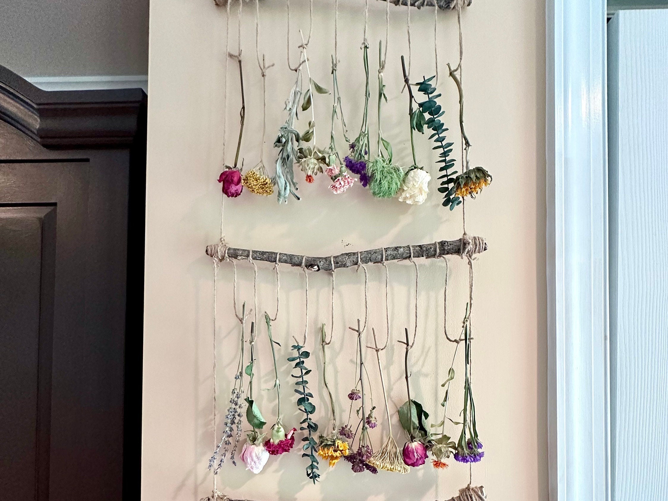 Dry Flower Wall Hanging, Dried Flowers on Burlap String on a Rustic Wood Branch