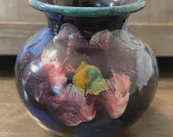 Vintage Floral Ceramic Colorful Pansy Vase Artist Signed Antique Flower Vase 3.5" x 3.5"