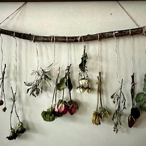 Dry Flower Wall Decor, Hanging Dried Flowers from a Rustic Wooden Branch