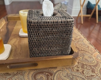 Rattan Tissue Box Holder Boho Brown Square Farmhouse Wicker Facial Tissue Cover