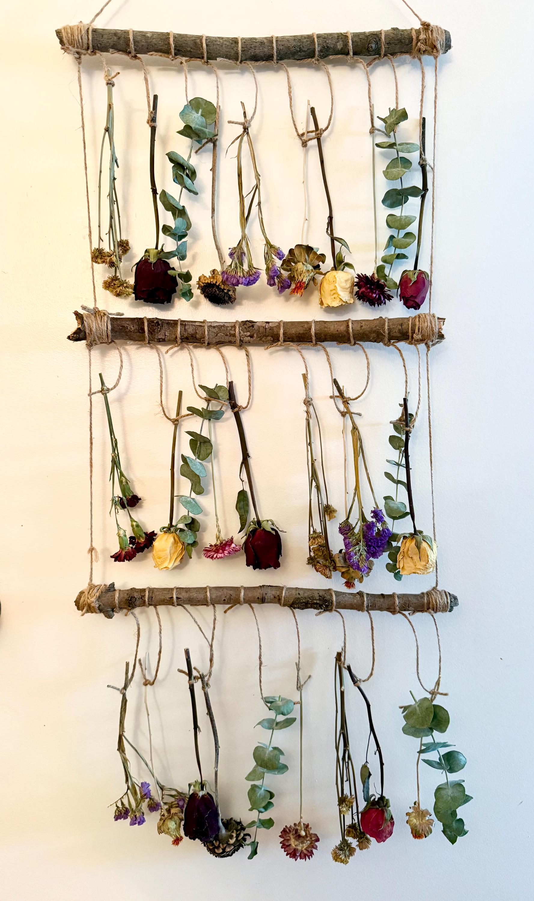 Tiered Dried Flower Wall Hanging: Rustic Wood Branch Decor
