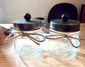 Apothecary Glass Jars Oil Rubbed Bronze Metal Lids Bathroom Organizers Set of 2