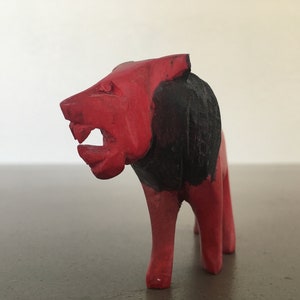 vintage carved wooden lion figurine – décor or small toy - african safari animal - red and black