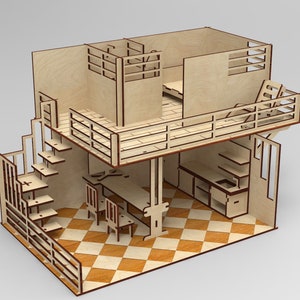 Modern Dollhouse Kit with kitchen and furniture, 3mm, 1/8inch. FILES for Laser Cut, cdr/dxf/svg/ai/pdf