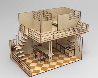 Modern Dollhouse Kit with kitchen and furniture, 3mm, 1/8inch. FILES for Laser Cut, cdr/dxf/svg/ai/pdf