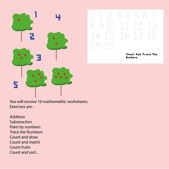 10 PRESCHOOL MATH WORKSHEETS, Set of 10, 10 printable worksheets, 4 years old, homeschool, Printable letters, math exercises, subtraction,