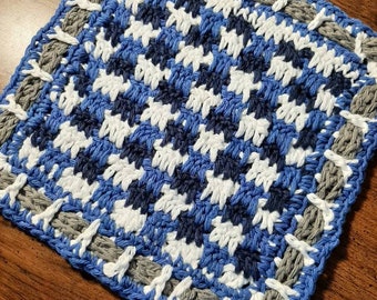 Blue Gingham Dishcloth, 9.5"x9", Housewarming Gift, Gingham Dishcloth, Crochet, Hand Towel, Gingham Washcloth, Wash Rag, Free Shipping