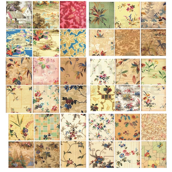 Vintage 1930s Botanical Themed Wallpaper Swatches, , Shabby Chic Printable Wallpaper Designs, Junk Journal and scrapbook supplies License