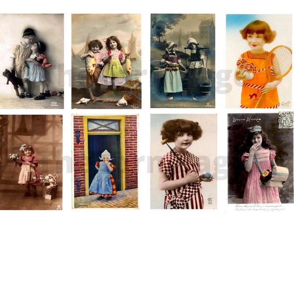 Vintage Hand Tinted Images of Adults and Children, 80 Printable Hand Tinted Photographs and Postcard Images, Journal and Art Supplies