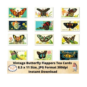 May include: A collection of vintage tea cards featuring illustrations of butterflies with flapper-style figures. The cards are rectangular with colorful designs and text. The text on the cards reads "Vintage Butterfly Flappers Tea Cards".